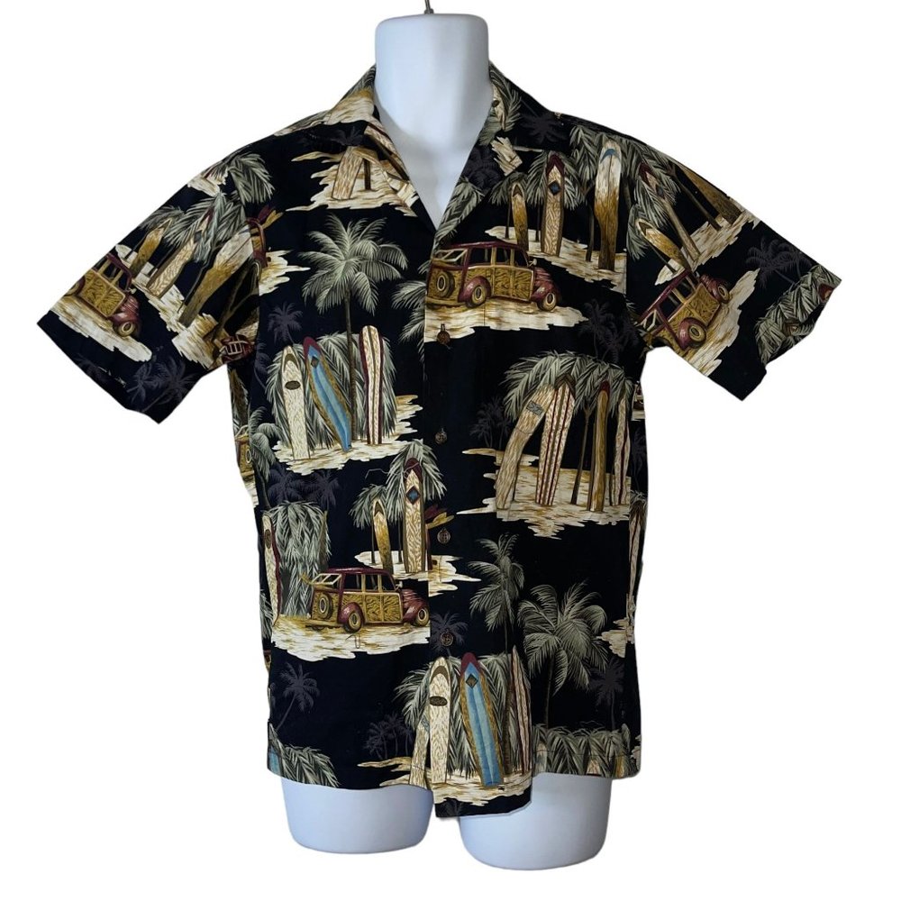 RJC Vintage Car Hawaiian Shirt Mens Small Surfboard Woody Beach Shack Car Black